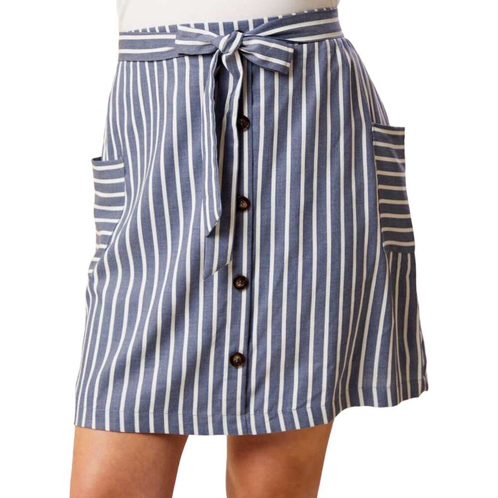 A Beautiful Soul Blue and White Striped Belted Skirt Size 14/16